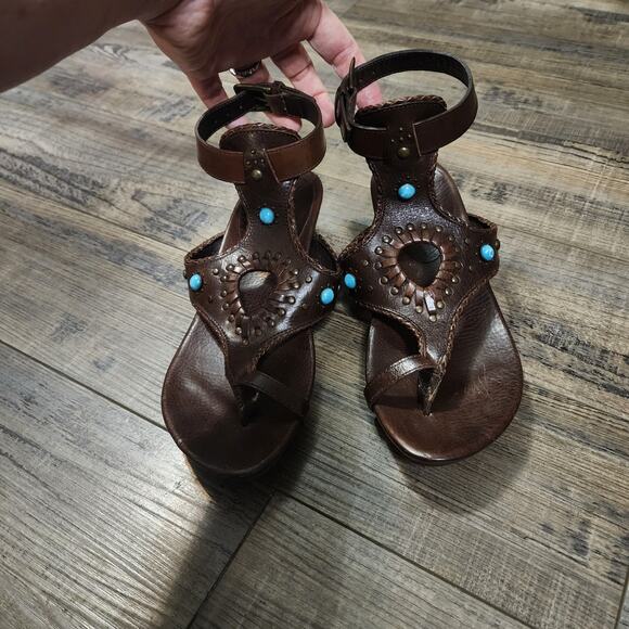 Pre-owned Frye Sandals brown leather with turquoise colored beads sz 6.5 - Picture 1 of 9